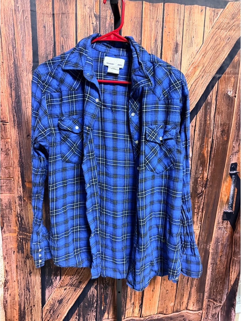 Wrangler Blue Plaid pearl snap Flannel Shirt Large